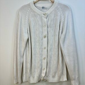 Vintage Grandma Sweater M Cardigan White Knit Long Sleeve Acrylic Relaxed Crew